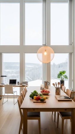 interior of modern bright dining room with panoramic window viewの写真素材