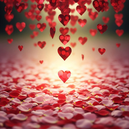 Valentine's day background with red hearts and rose petalsの写真素材