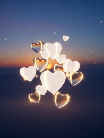 Glowing hearts on blue sky background. Valentines day concept.の写真素材