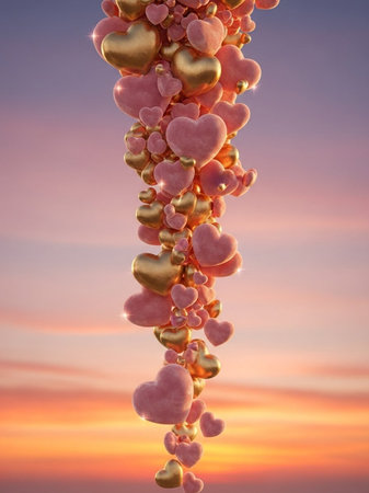 Heart shaped balloons on sunset sky background. Valentine's day concept.の写真素材