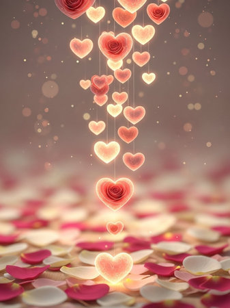 Valentines day background with hearts and confetti. 3d renderingの写真素材