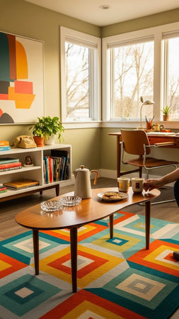 Interior of a living room with a coffee table and a bookcaseの写真素材