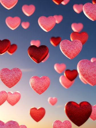 Heart shaped balloons in the sky, valentine's day backgroundの写真素材