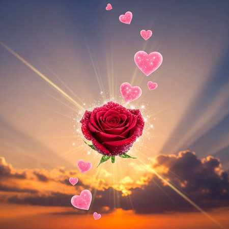 Red rose with hearts in the sky. Valentine's day background.の写真素材