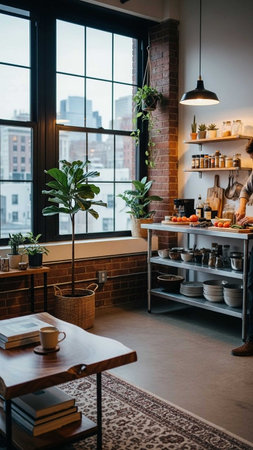 Interior of modern cafe with brick walls and concrete floor. Furniture, coffee tables, chairs and plants.の写真素材