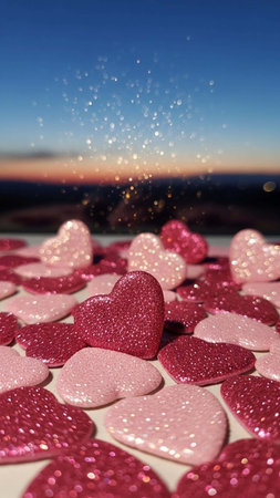 Valentine's day background with hearts and glitter bokehの写真素材