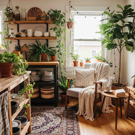 Interior of cozy living room with green plants in pots. Cozy Scandinavian style.の写真素材
