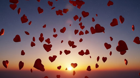 Red hearts fly in the sky. Valentine's day background. 3d renderingの写真素材
