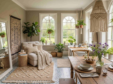 Elegant living room with a large window overlooking the garden.の写真素材