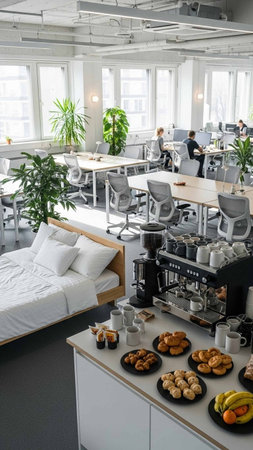 interior of modern cafe in loft style with coffee machine and peopleの写真素材