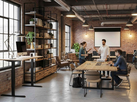 Coworking space in loft office with people working together. Business team working together on new project.の写真素材