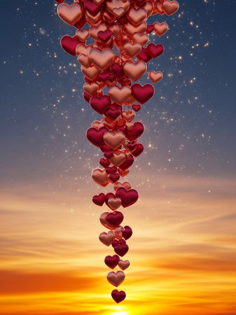 Red hearts flying in the sky. Valentine's day background. 3d renderingの写真素材