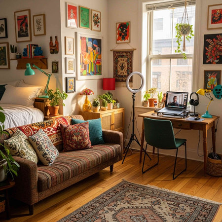 Interior of a living room with a sofa, a desk and a lampの写真素材