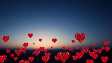 Red hearts on blue sky background. Valentines day concept. 3D Renderingの写真素材