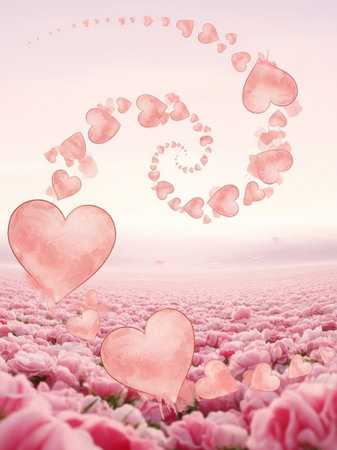 Valentine's day background with pink flowers and hearts on skyの写真素材