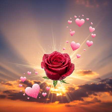 Valentine's day concept with red rose on sunset sky backgroundの写真素材