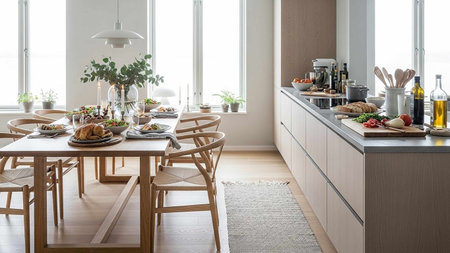 Interior of modern kitchen with dining table and wooden chairs. Nobody insideの写真素材