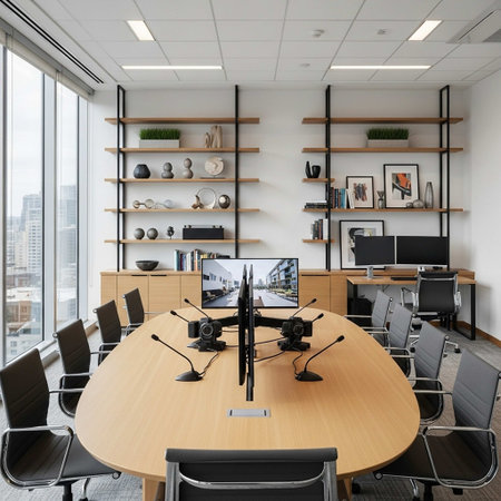 Interior of modern conference room with white walls, concrete floor, long wooden conference table with black chairs and computer monitors. 3d renderingの写真素材