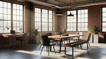 Interior of modern office with brick walls, concrete floor, long wooden table with black chairs and window with city view. 3d renderingの写真素材