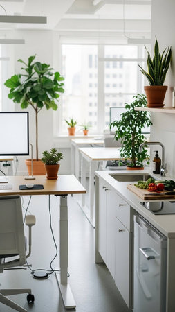 Modern white kitchen interior with furniture, computer and plants. Mock upの写真素材