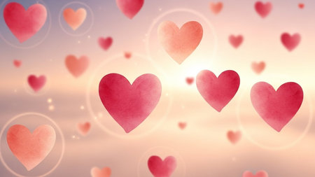 Valentine's day background with red hearts and sunbeamsの写真素材