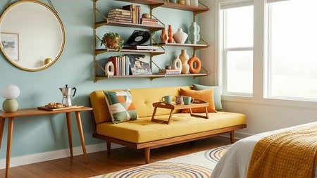 Interior of modern living room with yellow sofa, coffee table and bookshelf. 3d renderの写真素材