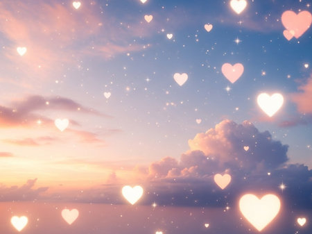 Valentines day background with heart bokeh lights and cloudsの写真素材