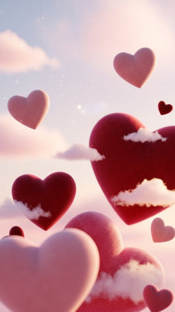 Valentines day background with hearts and clouds. 3d renderingの写真素材