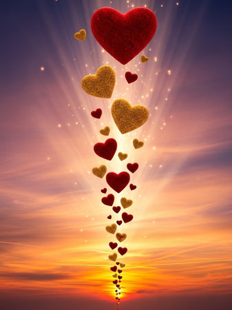 Hearts in the sky with rays of light. Valentine's day backgroundの写真素材