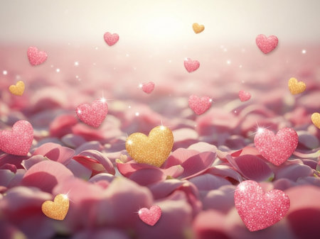 Valentine's day background with hearts and flower petals.の写真素材