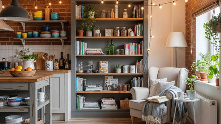 Cozy living room with bookshelves, cozy armchairs and coffee tableの写真素材