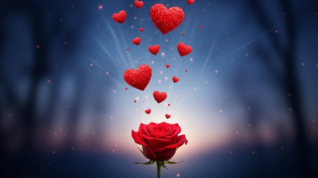 Red rose with hearts flying in the night sky. 3D renderingの写真素材