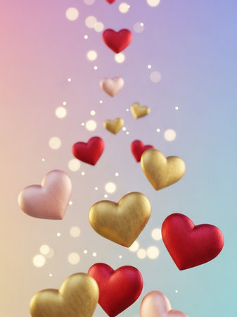 Red and gold hearts flying in the air. Valentine's day backgroundの写真素材