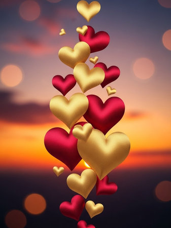 Valentine's day background with red and gold hearts on bokeh backgroundの写真素材