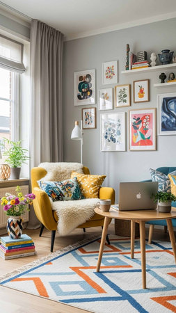 Interior of a modern living room with yellow armchair and laptopの写真素材