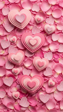 Pink hearts on pink rose petals background. Valentines day backgroundの写真素材