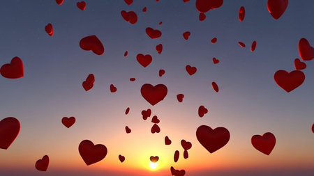 Red hearts fly in the sky. 3D rendering. Valentine's Day.の写真素材