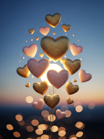 Valentine's day background with heart shaped balloons on blue skyの写真素材