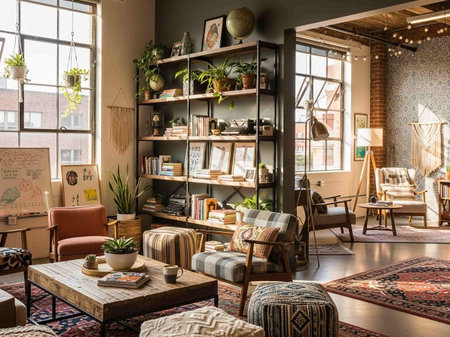 Interior of a living room in a loft style with bookshelvesの写真素材