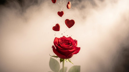 Valentine's day background with red rose, hearts and smokeの写真素材