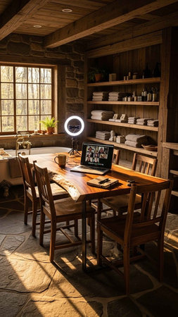 Interior of a room with a wooden table, chairs and a computerの写真素材