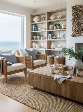 Cozy living room with wooden furniture and sea view. 3d renderingの写真素材