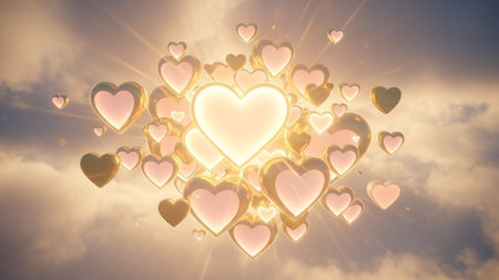 Hearts flying in the sky. Valentines day background. 3D renderingの写真素材