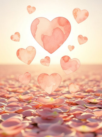 Valentine's day background with pink heart and rose petalsの写真素材