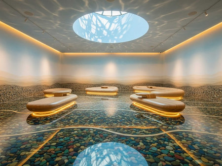 3D rendering of the interior of a spa with a beautiful view