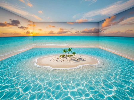 Tropical island with palm trees and sand at sunset. 3d renderの写真素材