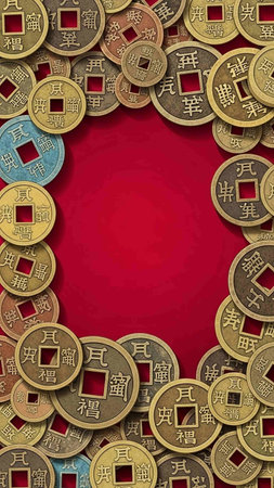 Chinese New Year background with gold coins on red background. Text in Chinese: Happy New Year.