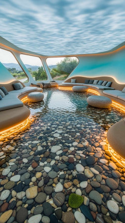 Luxury infinity swimming pool in the evening.