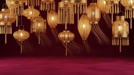 3d rendering of candlestick in chinese style on red background