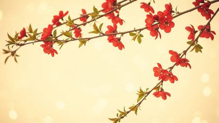 Branch with red blossoms on a bokeh background.